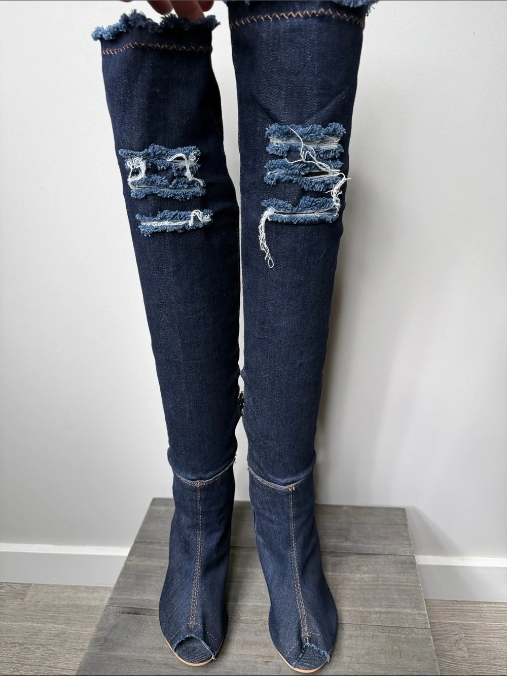 Shoe Dazzle Dark Blue Denim Over-the-Knee Peep-Toe Boots